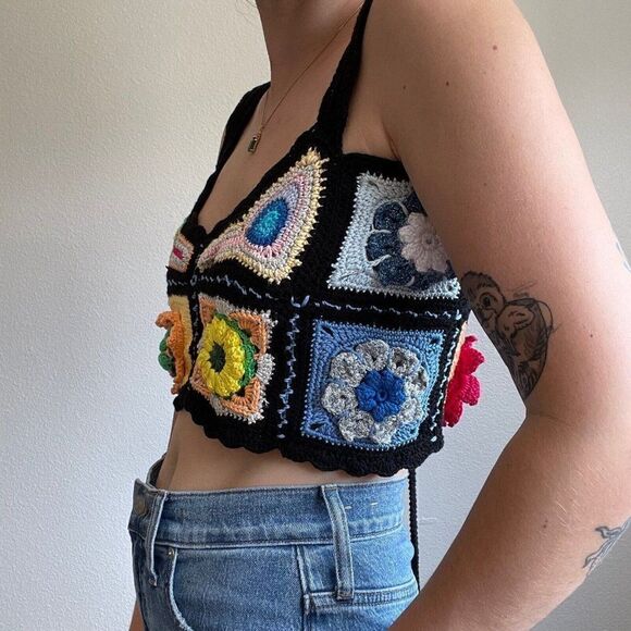 Maridruna Handmade Knit Festival Rainbow Multicolor Hippie Crochet Crop Top Sz M - Picture 8 of 10